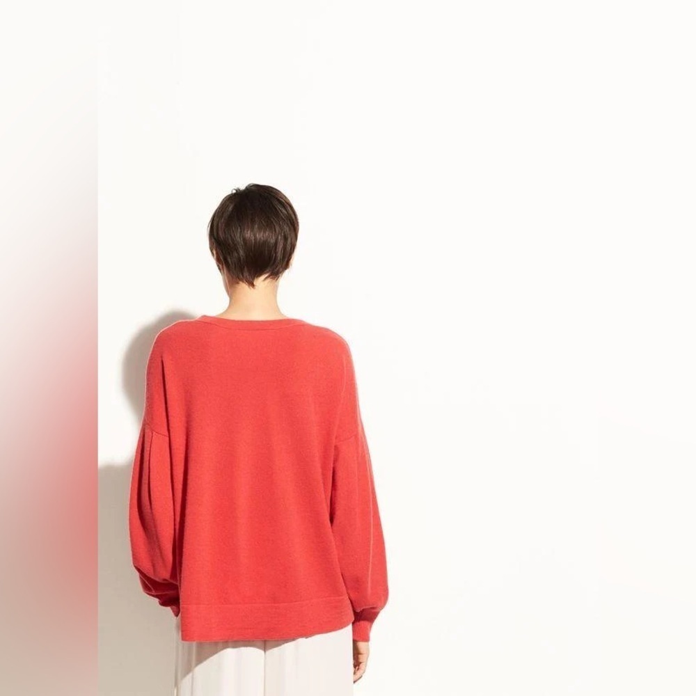 Vince Cashmere Pleated Sleeve Crew Sweater Poppy Orange Red - Picture 2 of 9